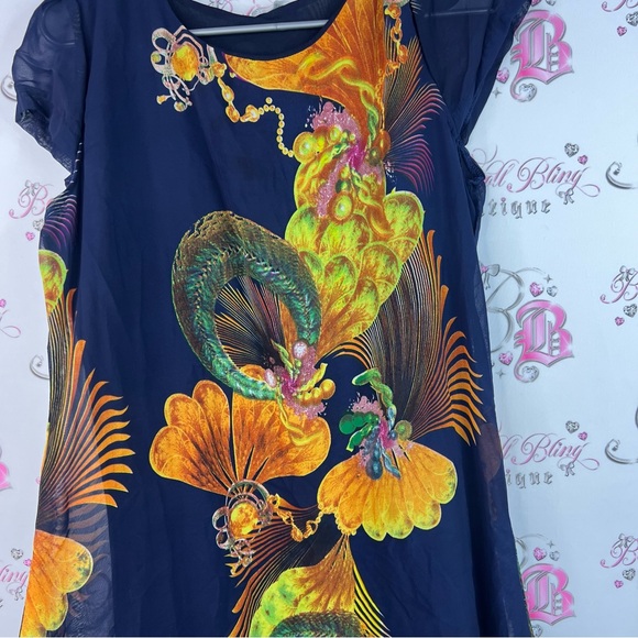 Mulberry dress peacock style boho feathers unique Navy Blue Garment - Picture 6 of 9